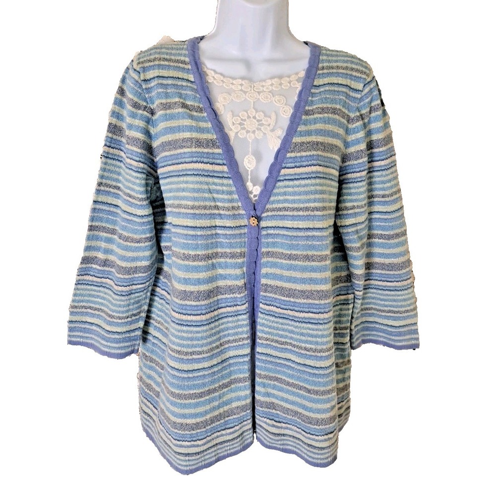 Christopher & Banks‎ Cardigan L Multi Color Striped V-neck One Button Scalloped